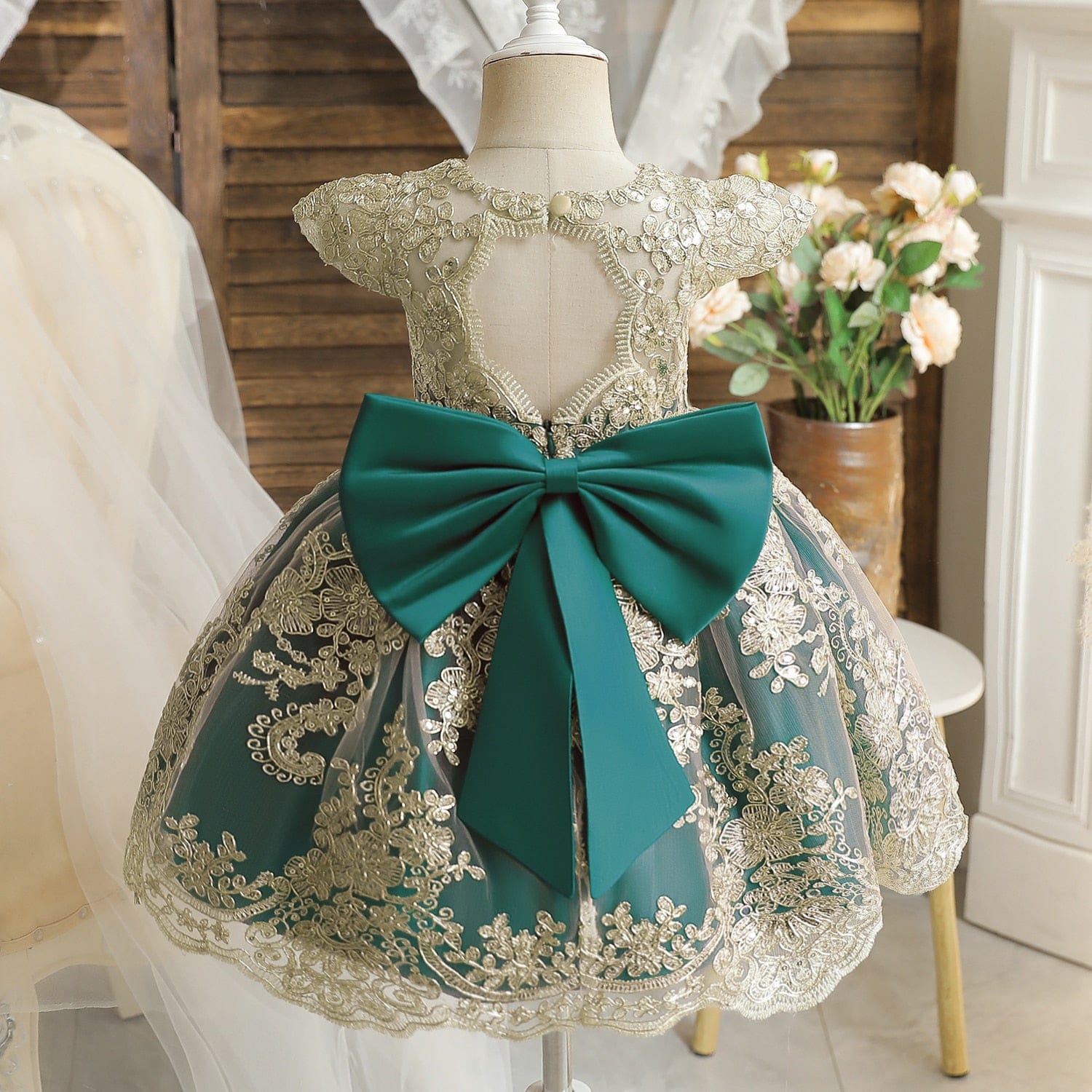 Lace Flower Girl Dress with Bows, Green / 5T Lace Flower Girl Dress with Bows, Green / 5T