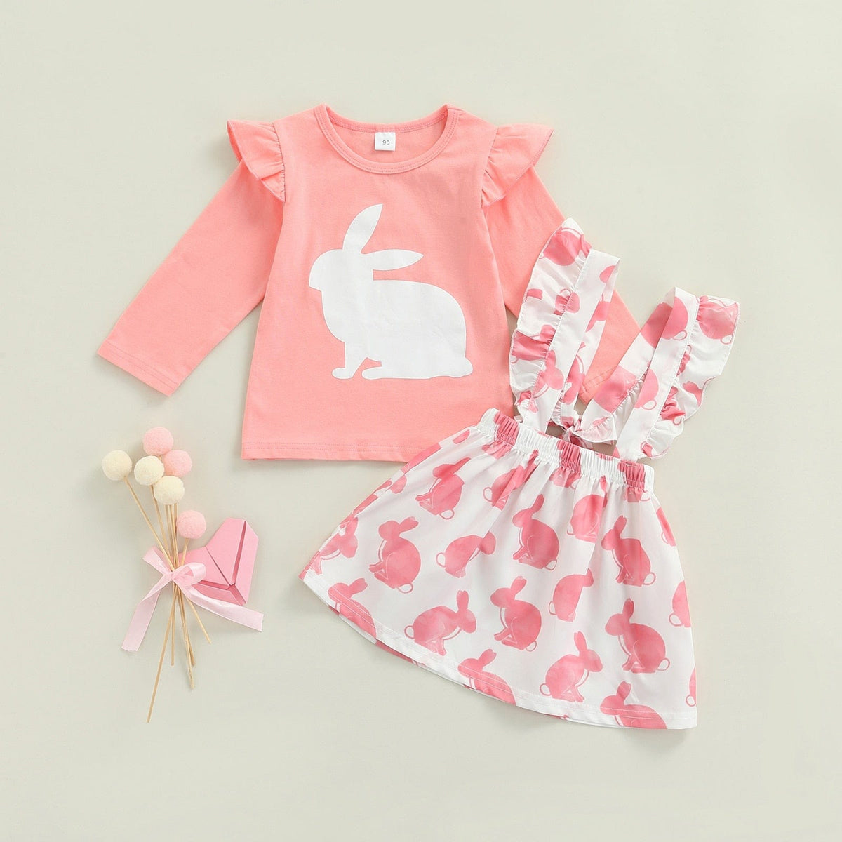 Bunny Printing Long Sleeve Tops + Suspender Skirt