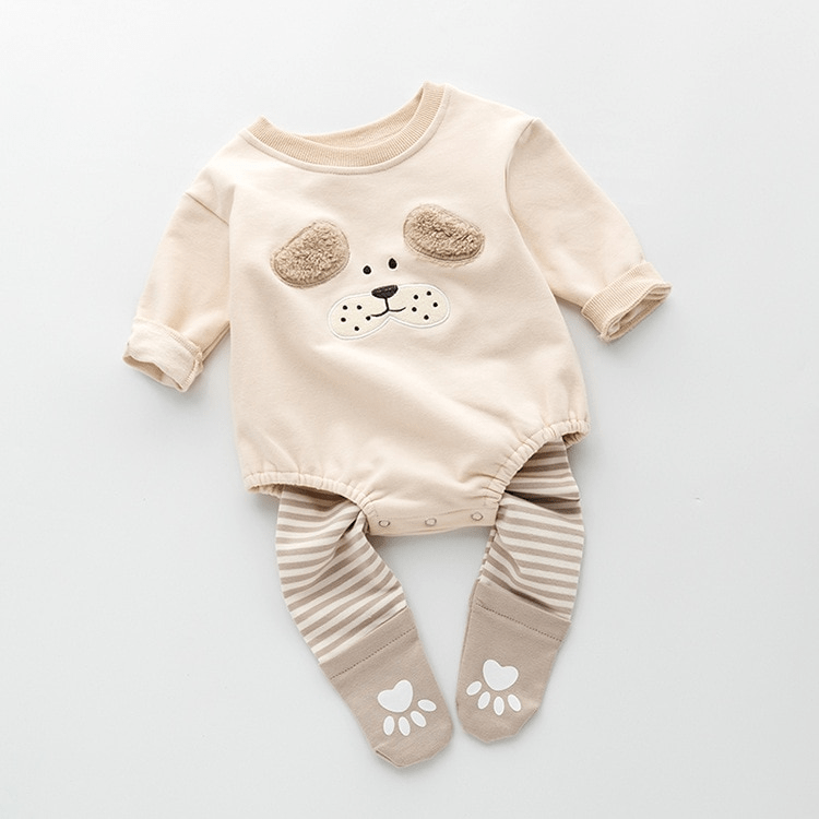 Beige Romper Set / 6M Cartoon Puppy Baby Romper