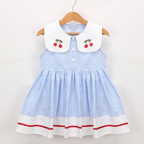 Girl's Clothing Q022 sky blue / 4T Cherry Turn-down Collar Dress