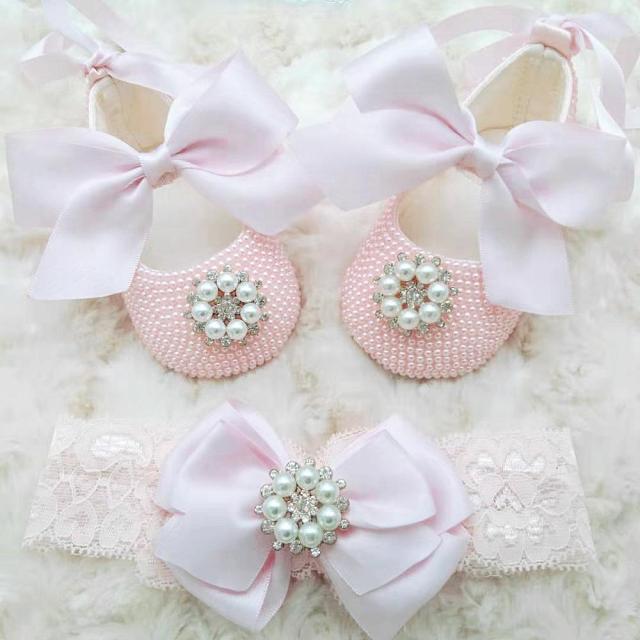 pink set / 13cm Christening Baby Girl Shoes