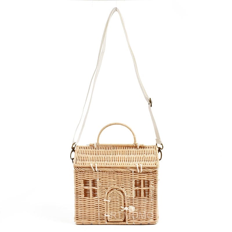 Khaki Creative House Shape Rattan Handbags