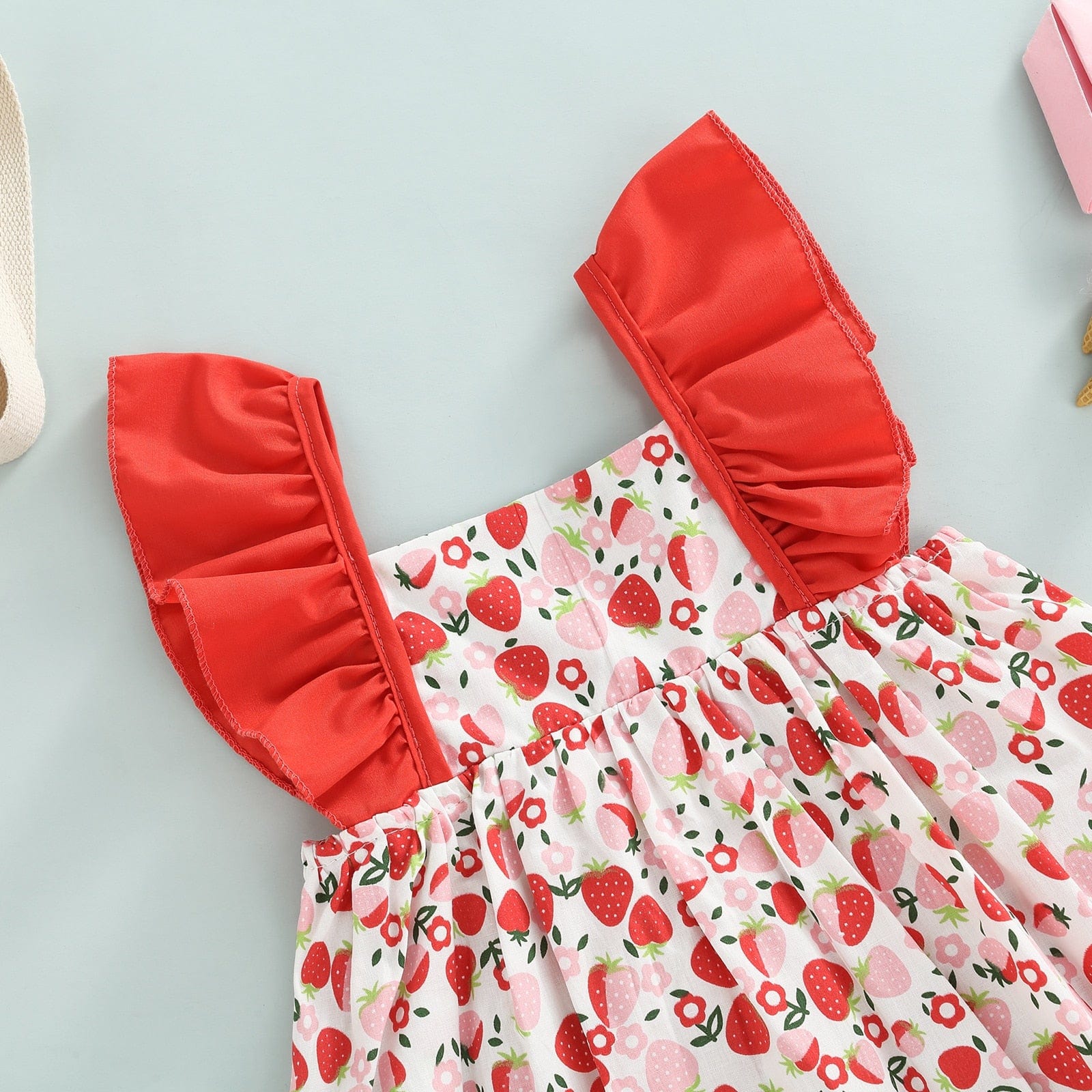 Cute Strawberry Print Sleeveless Ruffles A-line Princess Sweet Dress