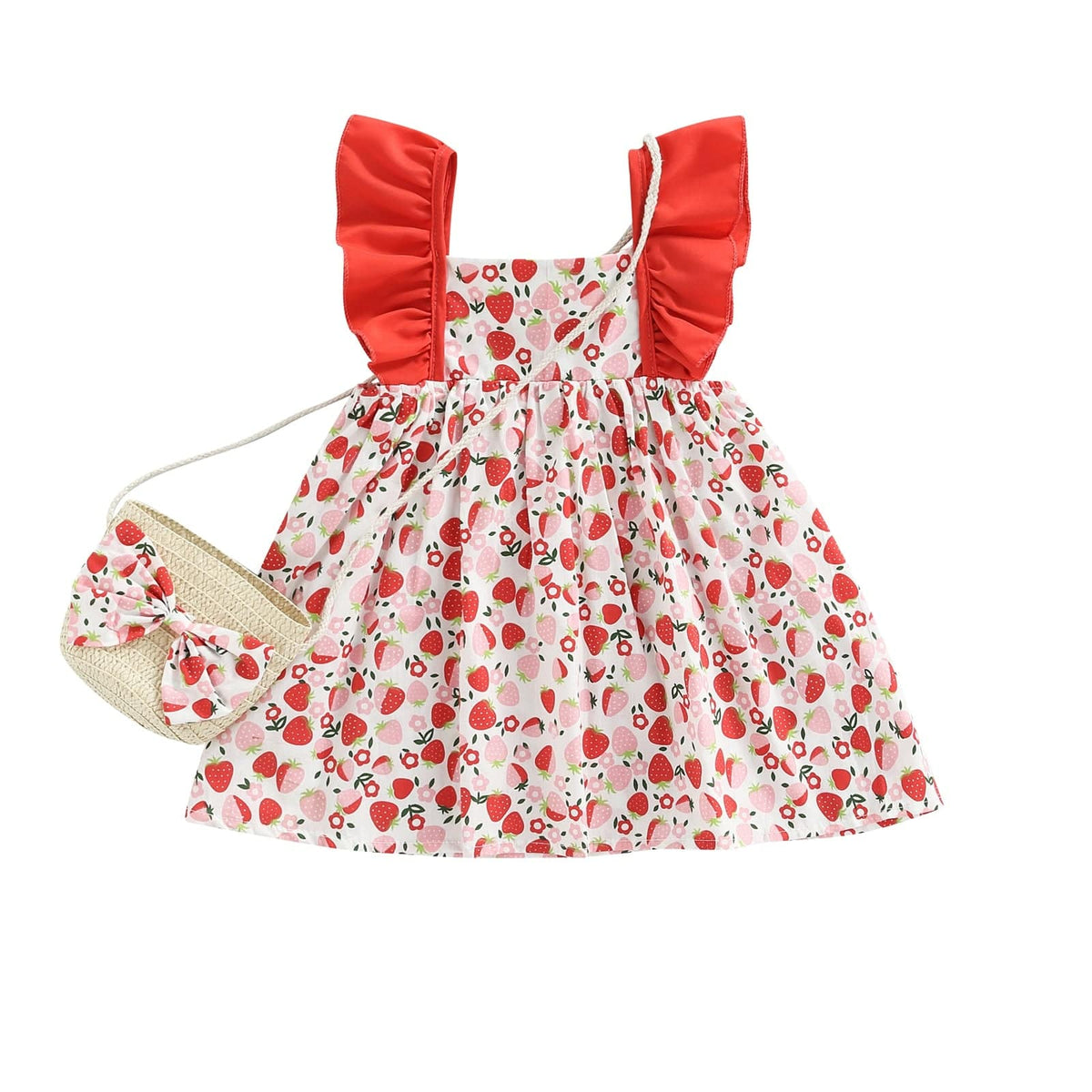 Red / 3T Cute Strawberry Print Sleeveless Ruffles A-line Princess Sweet Dress