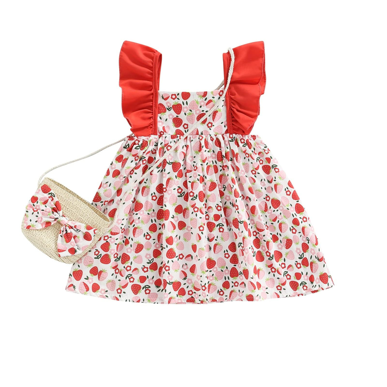 Red / 3T Cute Strawberry Print Sleeveless Ruffles A-line Princess Sweet Dress