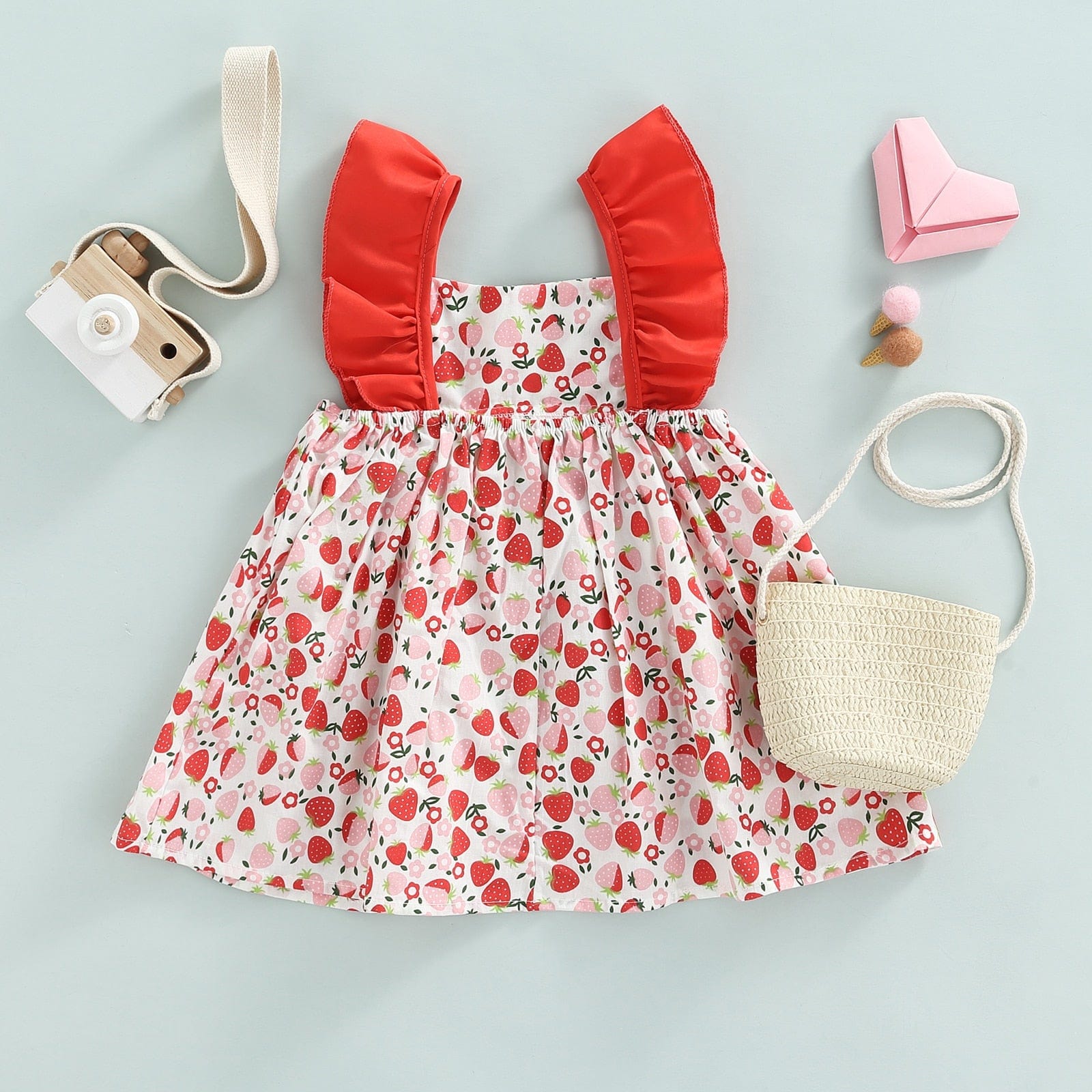 Cute Strawberry Print Sleeveless Ruffles A-line Princess Sweet Dress