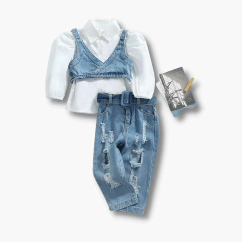 Girl&#39;s Clothing Denim Vest and Ripped Jeans Outfit