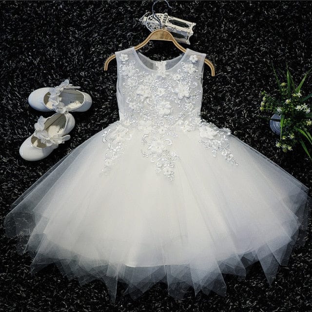 White Embroidered Flower Girl Dress, White (without shoes) / 10T