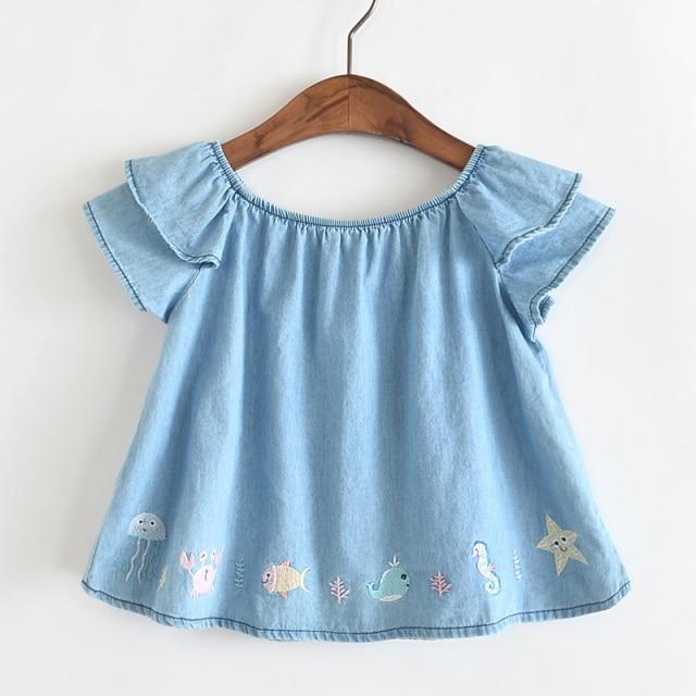 Girl's Clothing TX196A BLUE / 6 Embroidery Cartoon Shirt