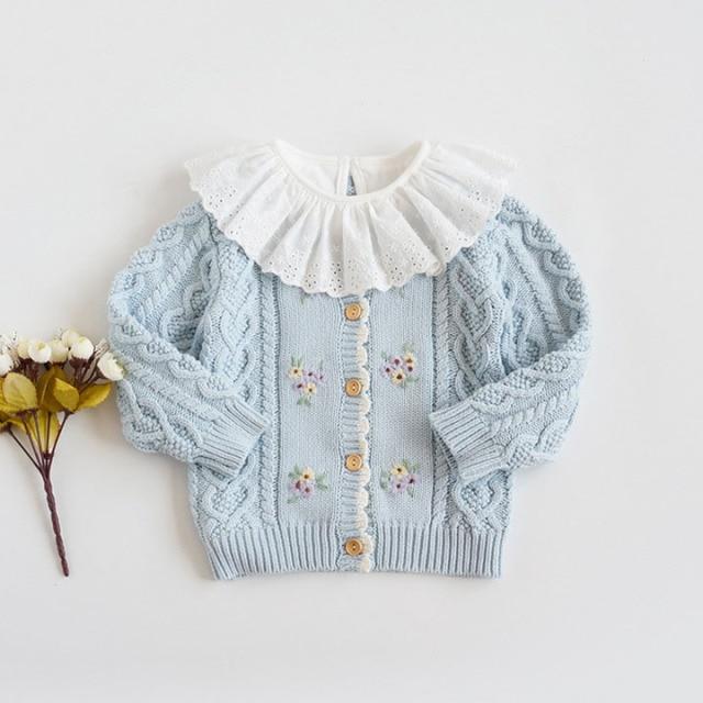 Blue / 2T-90 Floral Embroidered Crochet Sweater