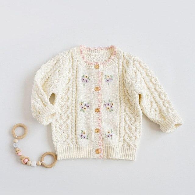 Beige / 5T-120 Floral Embroidered Crochet Sweater