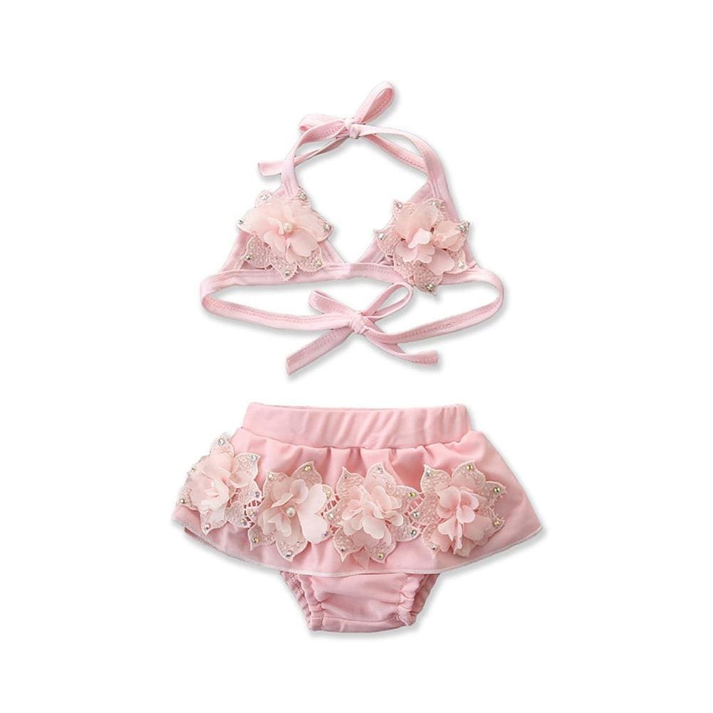 【THEAIRTOWN】Baby Pink Flower Bikini Set ★ 3D Flowers Lace-Up Bikini Set - Momorii