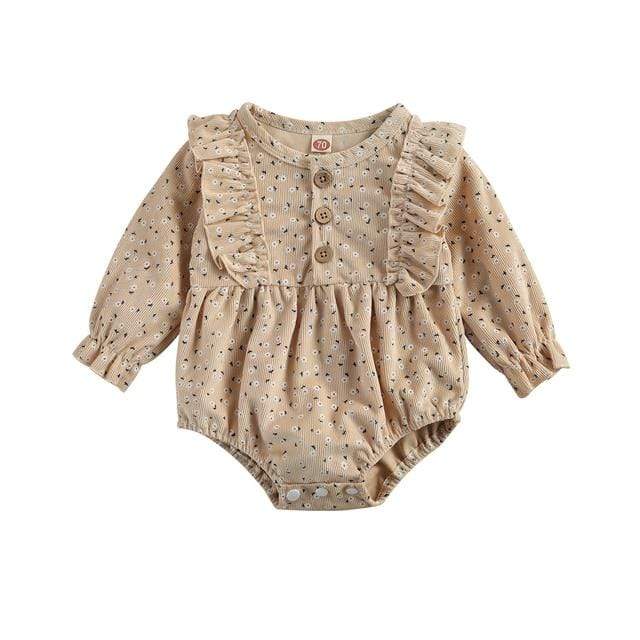 Girl's Clothing Beige / 6M Flowers Print Button Ruffles Long Sleeve Jumpsuits