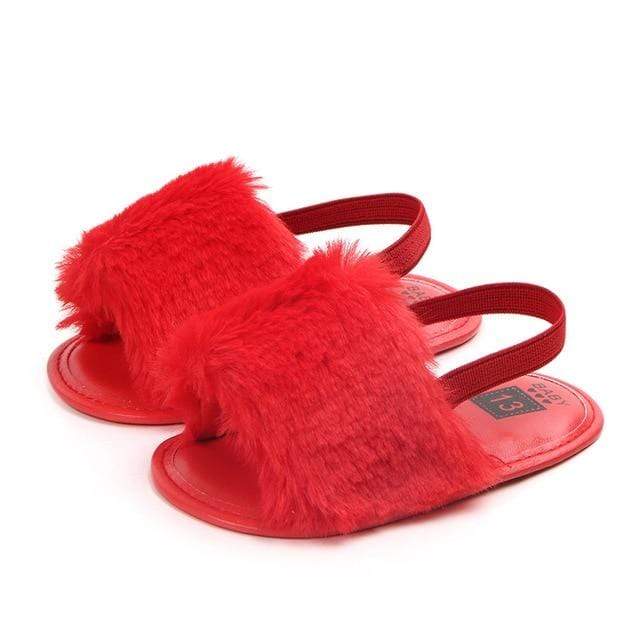 Red best sale fluffy sandals