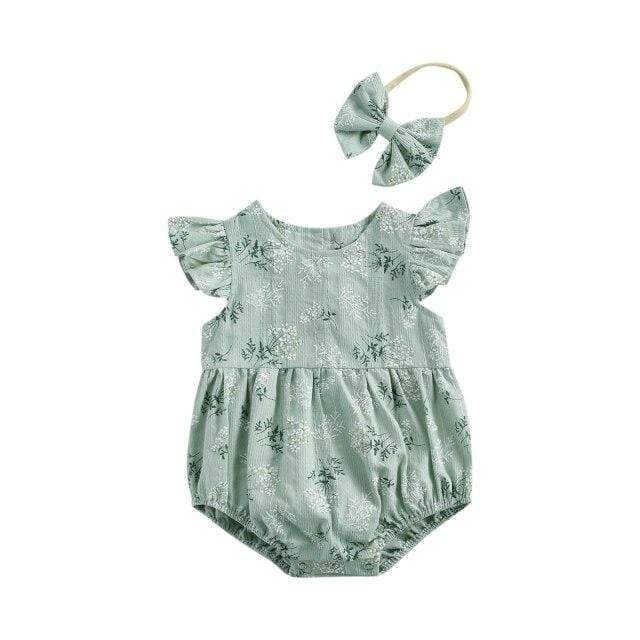 green / 24M Fly Sleeve Flower Print Cotton Romper