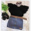 Girl&#39;s Clothing Fly Sleeve Top and Denim Mini Skirt Outfit Set