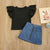 Girl's Clothing Fly Sleeve Top and Denim Mini Skirt Outfit Set