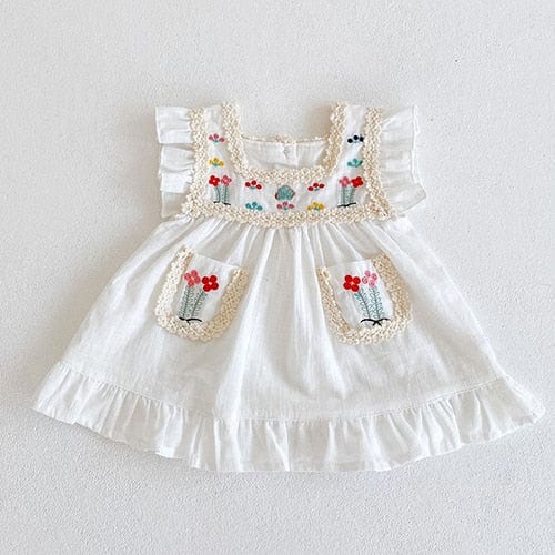 White / 3T Flying Sleeve Embroidery Cotton Linen Clothes