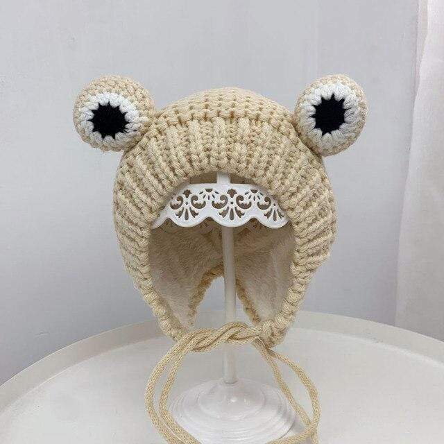 Beige With Wool Frog Earflap Beanie Cap