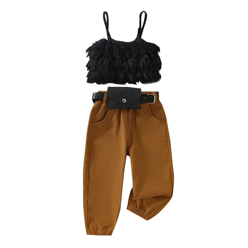 0 Black / 2T Furry Spaghetti Strap Tank Tops + Long Pants