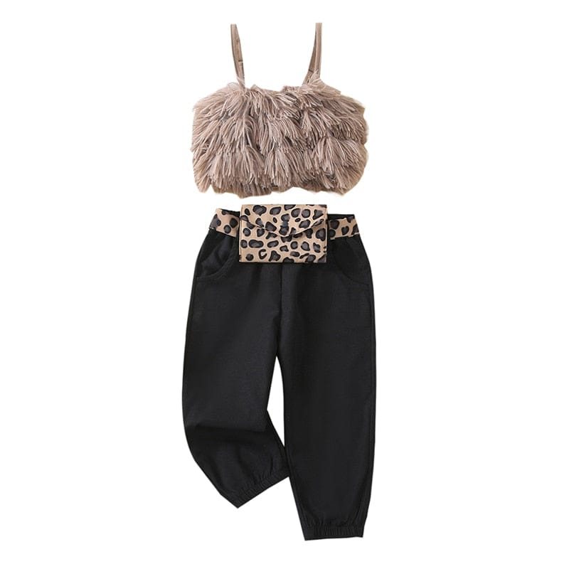 0 Khaki / 2T Furry Spaghetti Strap Tank Tops + Long Pants