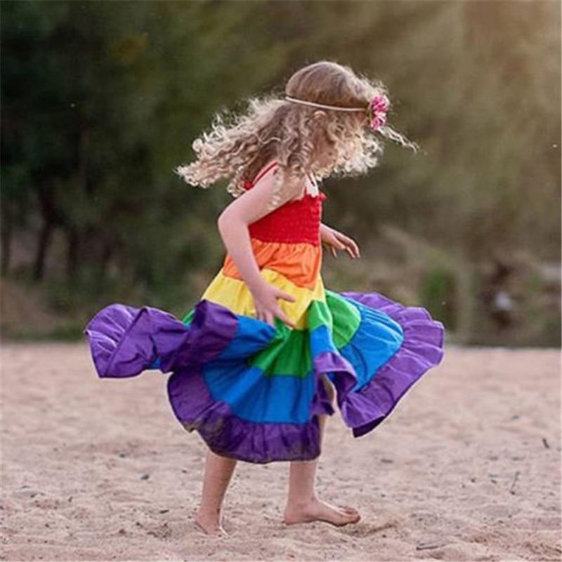 Girls Rainbow Spaghetti Strap Dress Smocked Swing Sundress(6-7 Years)