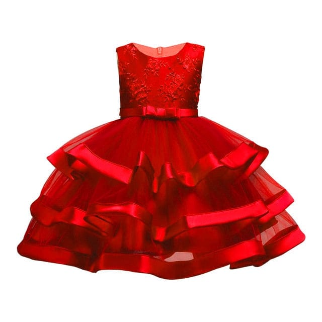 Red 3 / 9 Kids Elegant Pearl Cake Princess Dress