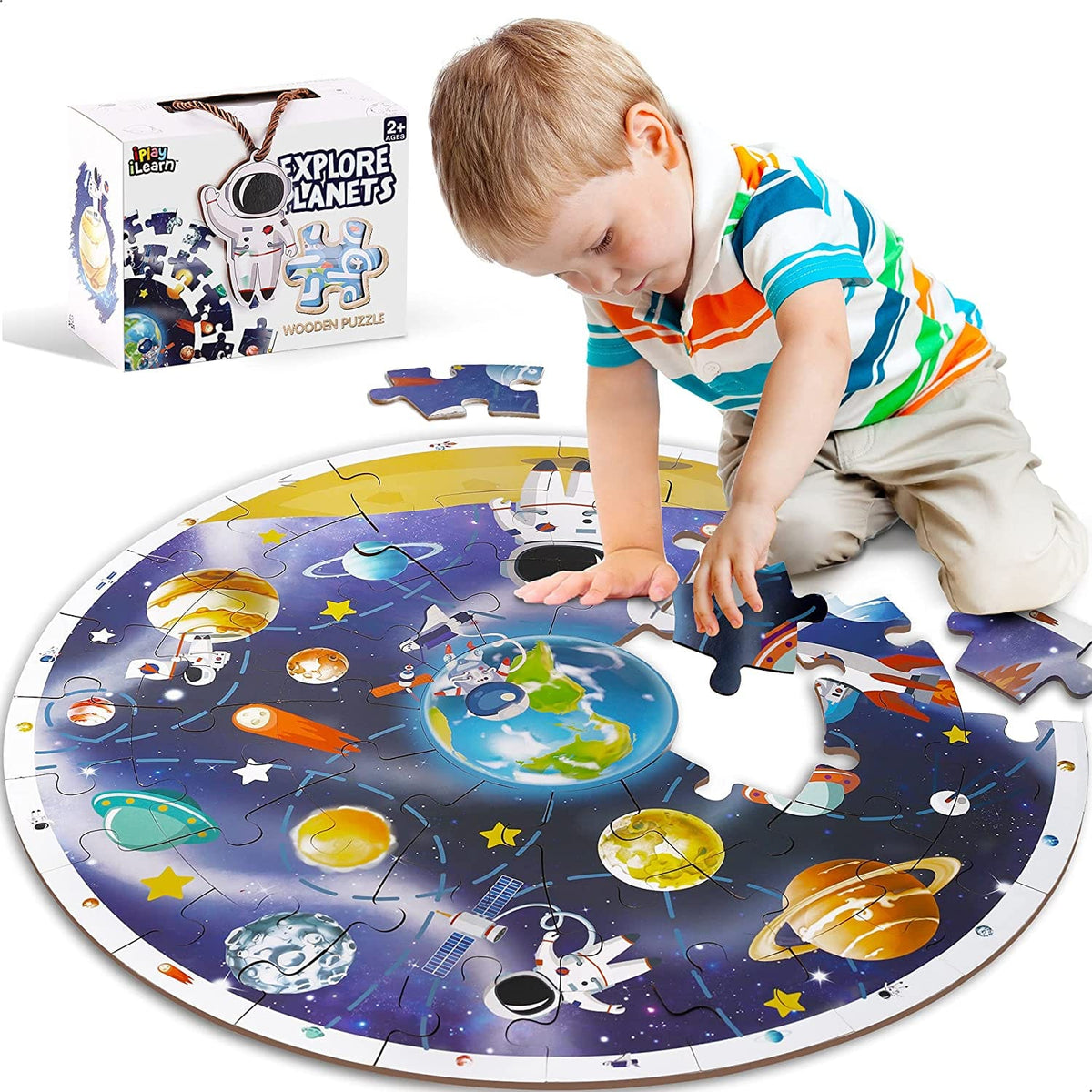 Kids Wooden Puzzle Space Planet Solar System Jigsaw Toy Cartoon Learning Educational Gift for 3 4 5 6 Year Old Toddler Boy Girl