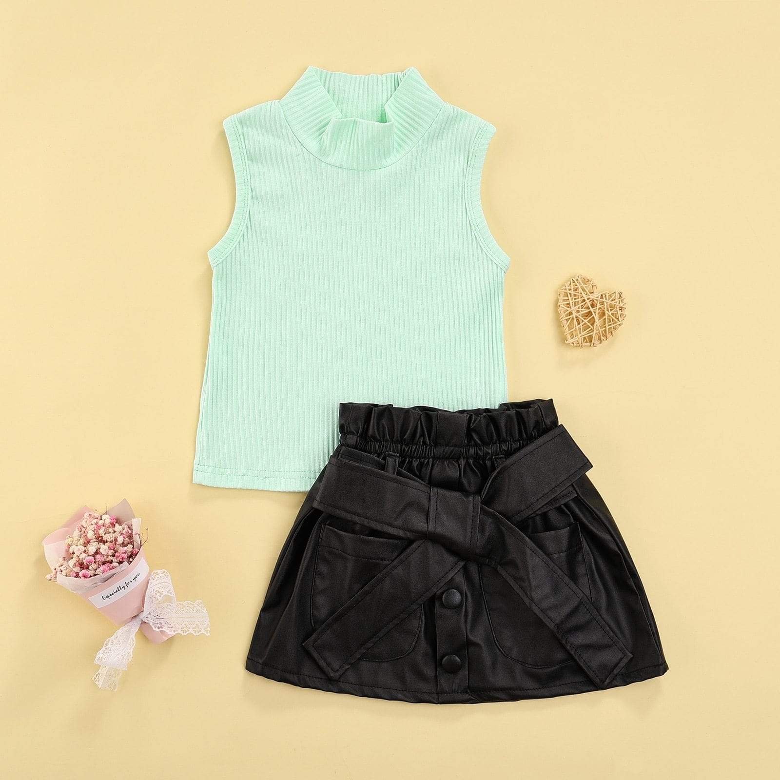 Girl's Clothing Knit Sleeveless Turtleneck Vest Top+PU Leather Bowknot