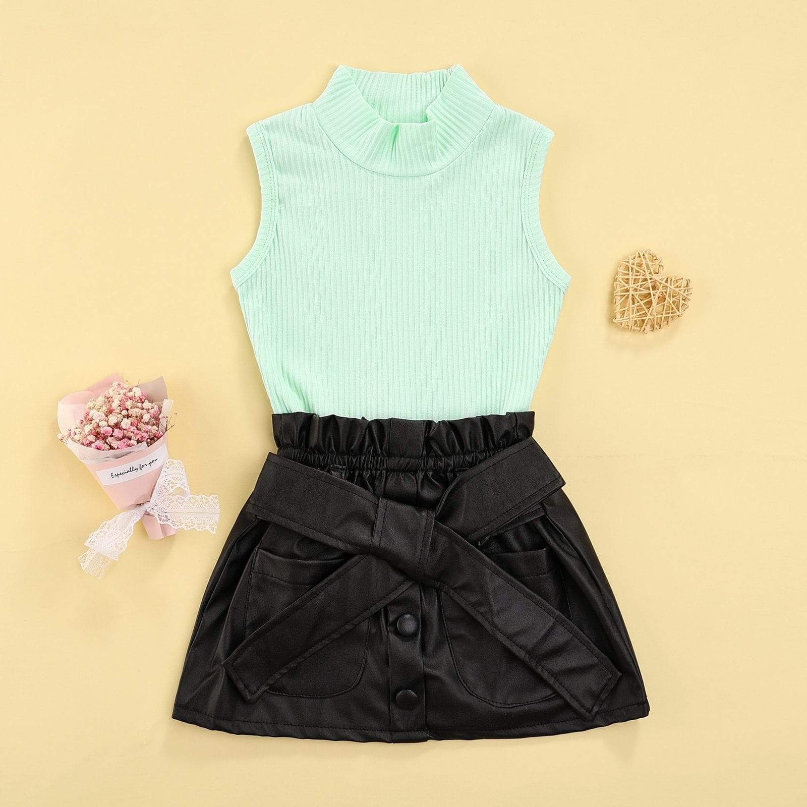 Girl's Clothing Knit Sleeveless Turtleneck Vest Top+PU Leather Bowknot