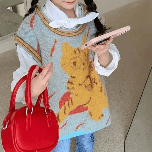 Cat Print Knit Sweater Vest Momorii