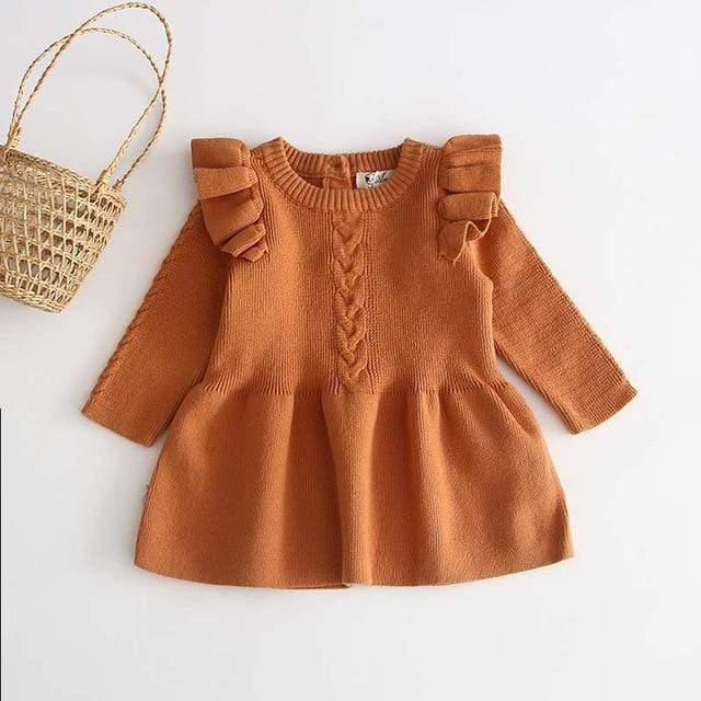 Girl's Clothing Brown rust / 4T Knitted Ruffle Longsleeve Dress