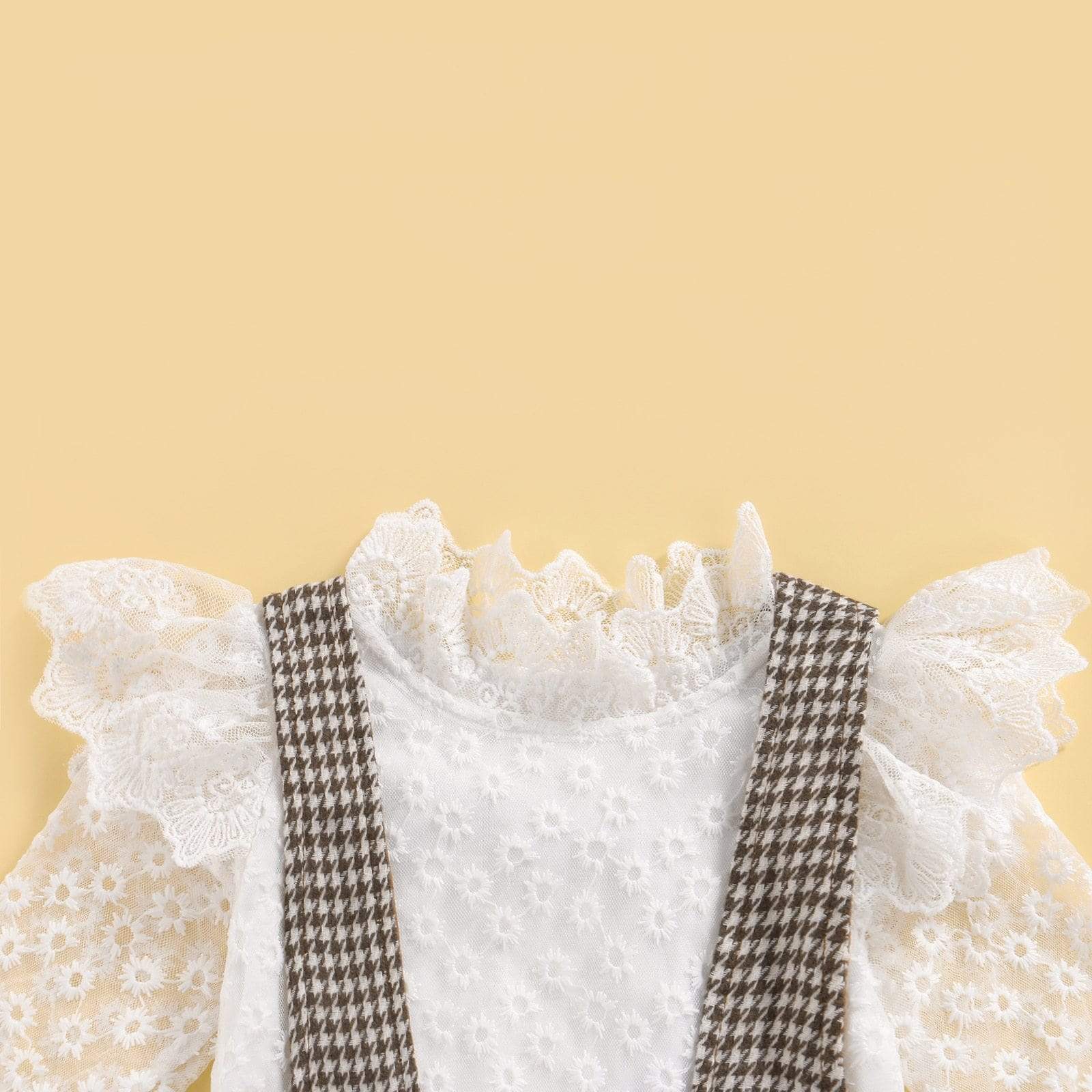 Girl's Clothing Lace Floral Long Sleeve Ruffles Collar Tops Plaid Printed Suspender Skirts