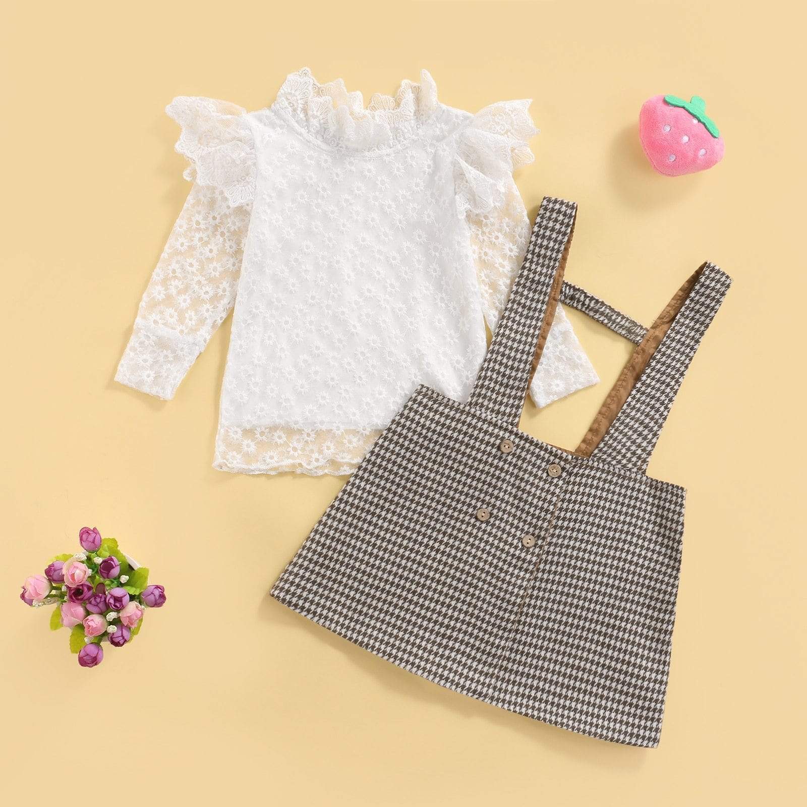 Girl's Clothing 5T Lace Floral Long Sleeve Ruffles Collar Tops Plaid Printed Suspender Skirts