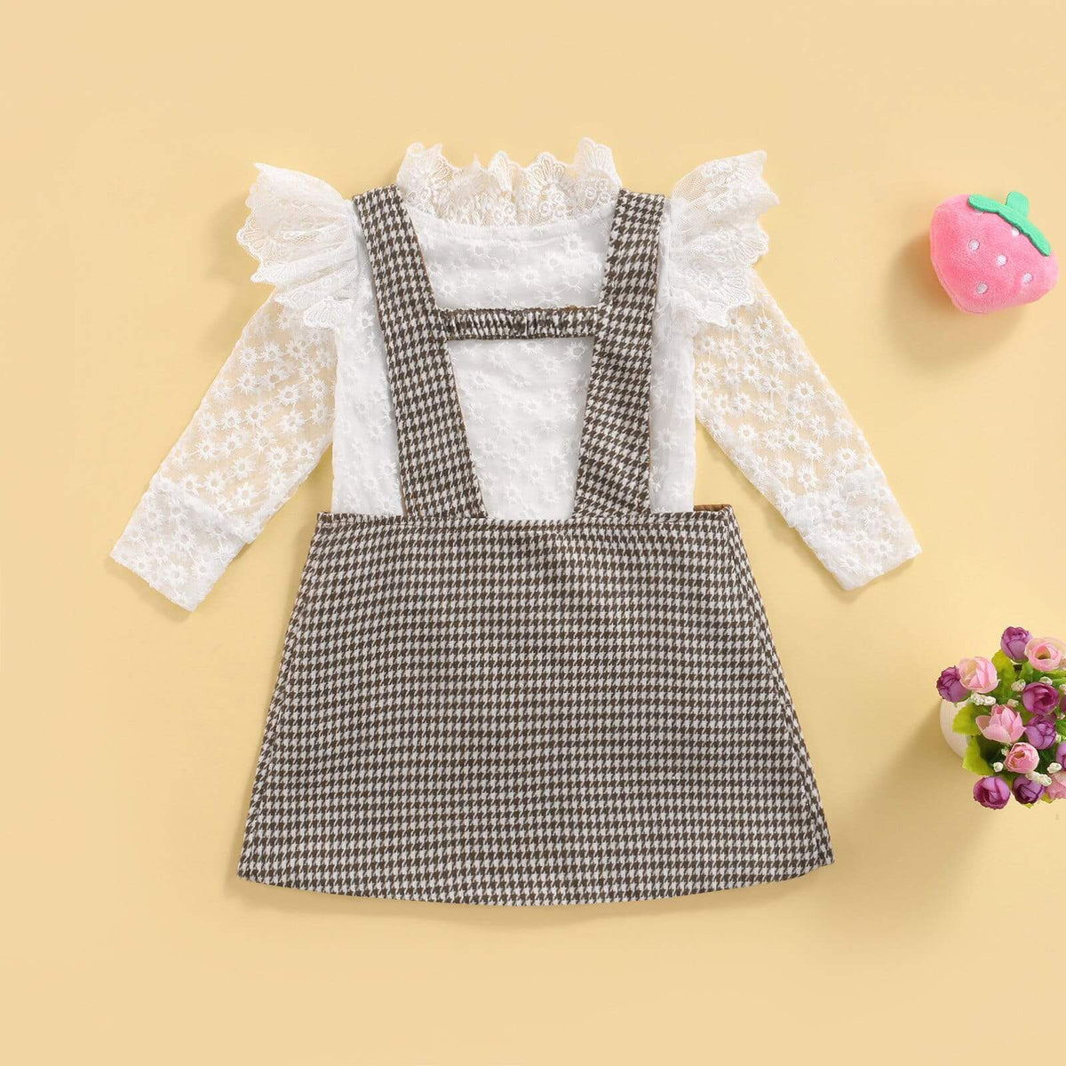 Girl's Clothing Lace Floral Long Sleeve Ruffles Collar Tops Plaid Printed Suspender Skirts