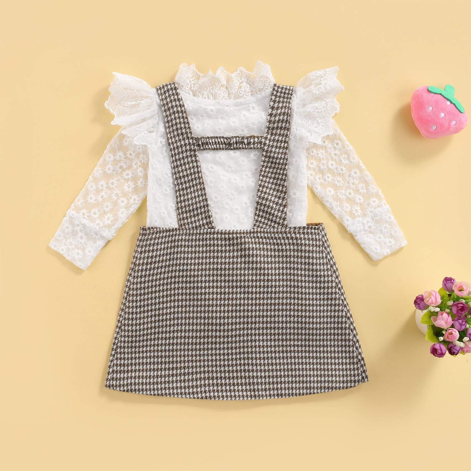 Girl's Clothing Lace Floral Long Sleeve Ruffles Collar Tops Plaid Printed Suspender Skirts