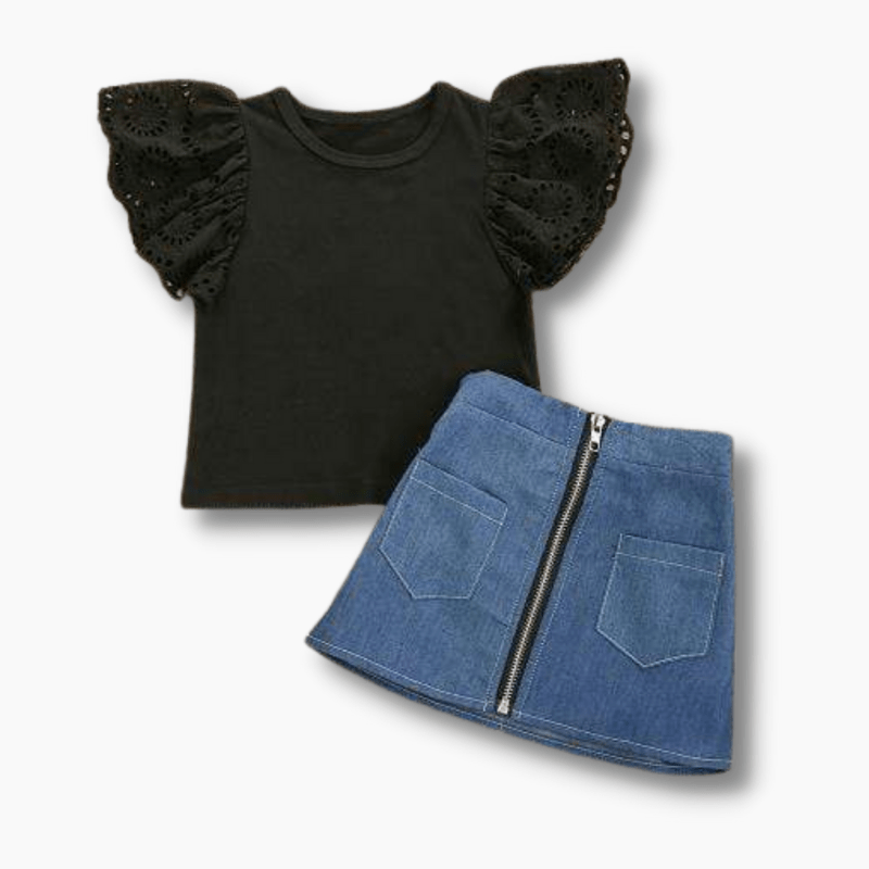 Girl's Clothing Lace Top and Denim Skirt Set