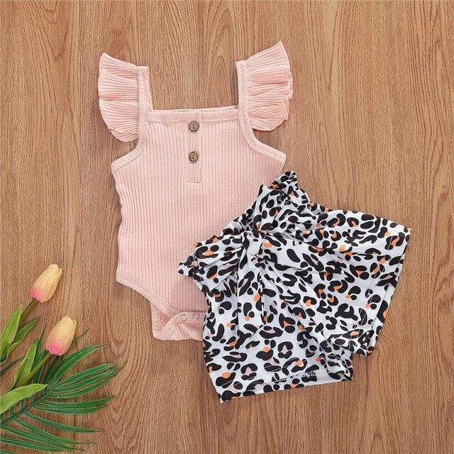 Girl's Clothing Light pink top &amp; Printed short / 6M Leopard Bottoms Button Romper Seta