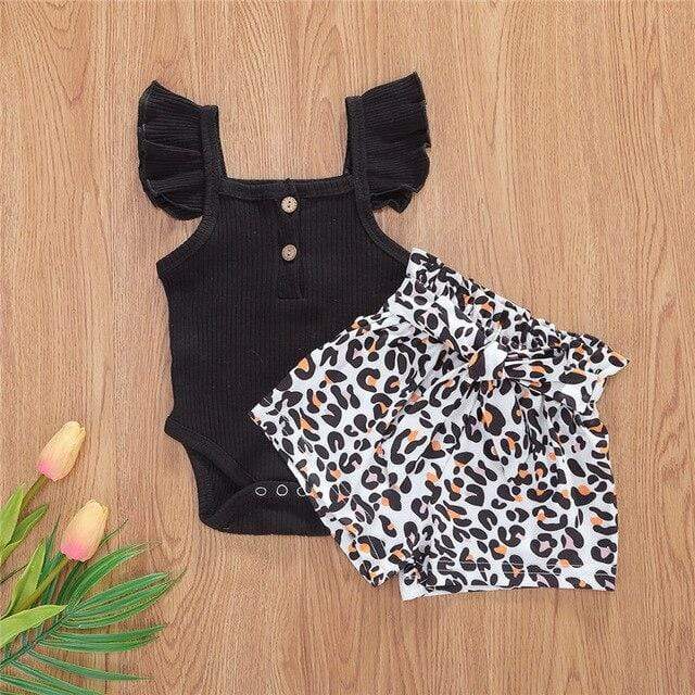 Girl's Clothing Black Top &amp; Printed short / 6M Leopard Bottoms Button Romper Seta