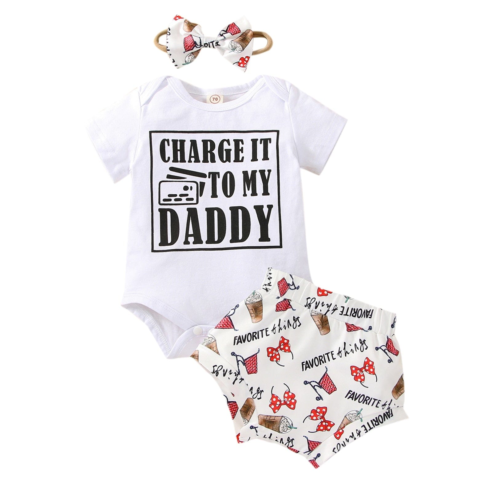 White / 6M Letter Short Sleeve Romper+Cartoon Printed Shorts Headband