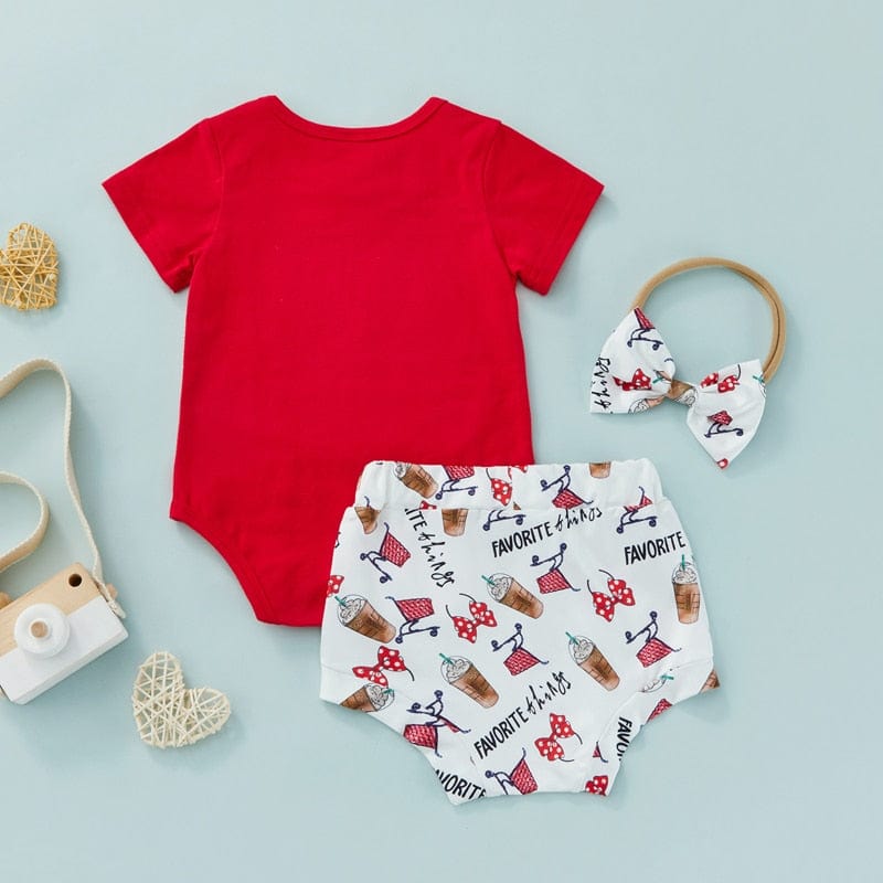 Letter Short Sleeve Romper+Cartoon Printed Shorts Headband