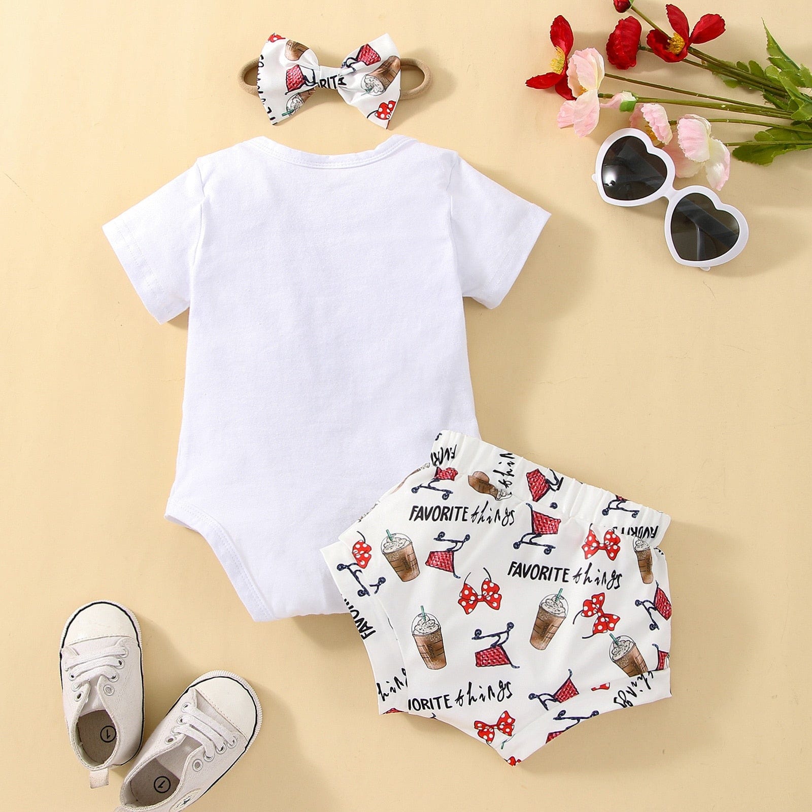 Letter Short Sleeve Romper+Cartoon Printed Shorts Headband