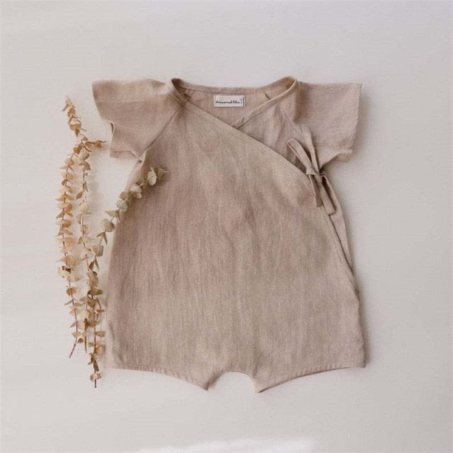 khaki / 0 to 6m Linen Cotton Baby Romper