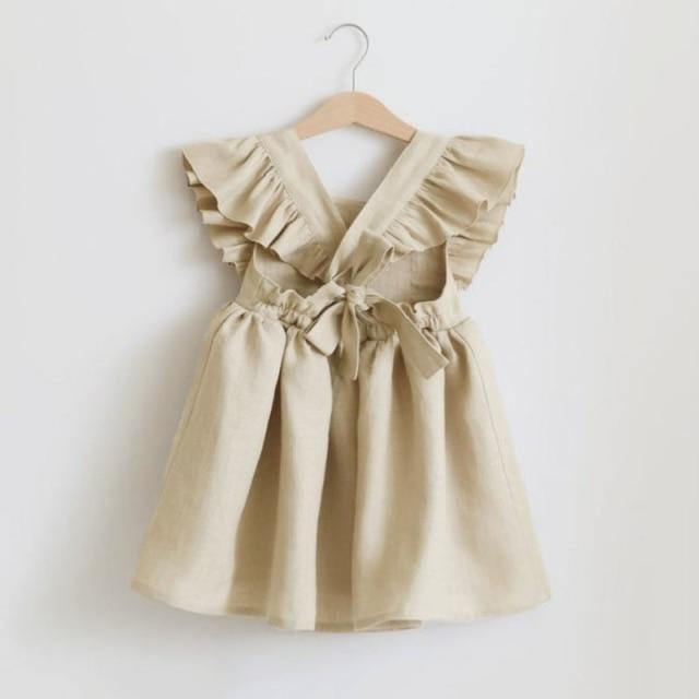 Girl's Clothing Khaki / 2-3Y Linen Ruffle Sleeve Kids Dresses