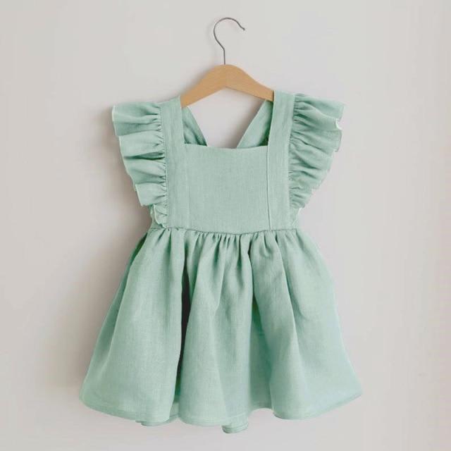 Girl's Clothing green / 5-6Y Linen Ruffle Sleeve Kids Dresses