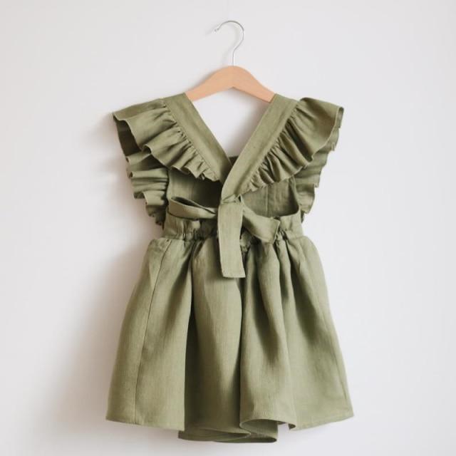 Girl's Clothing army green / 1-2Y Linen Ruffle Sleeve Kids Dresses
