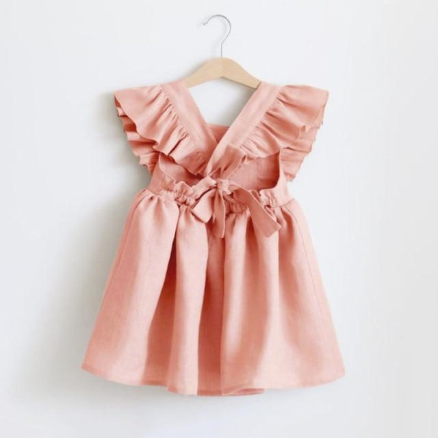 Girl's Clothing pink / 1-2Y Linen Ruffle Sleeve Kids Dresses