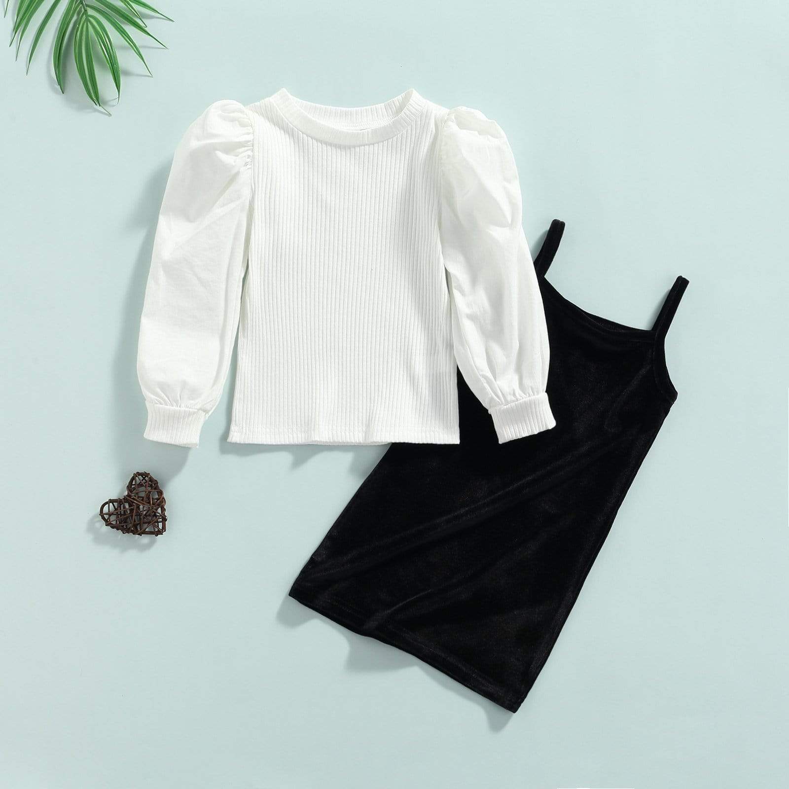 Girl's Clothing Long Puff Sleeve Knit T Shirts+Velvet Straight Suspender Dress