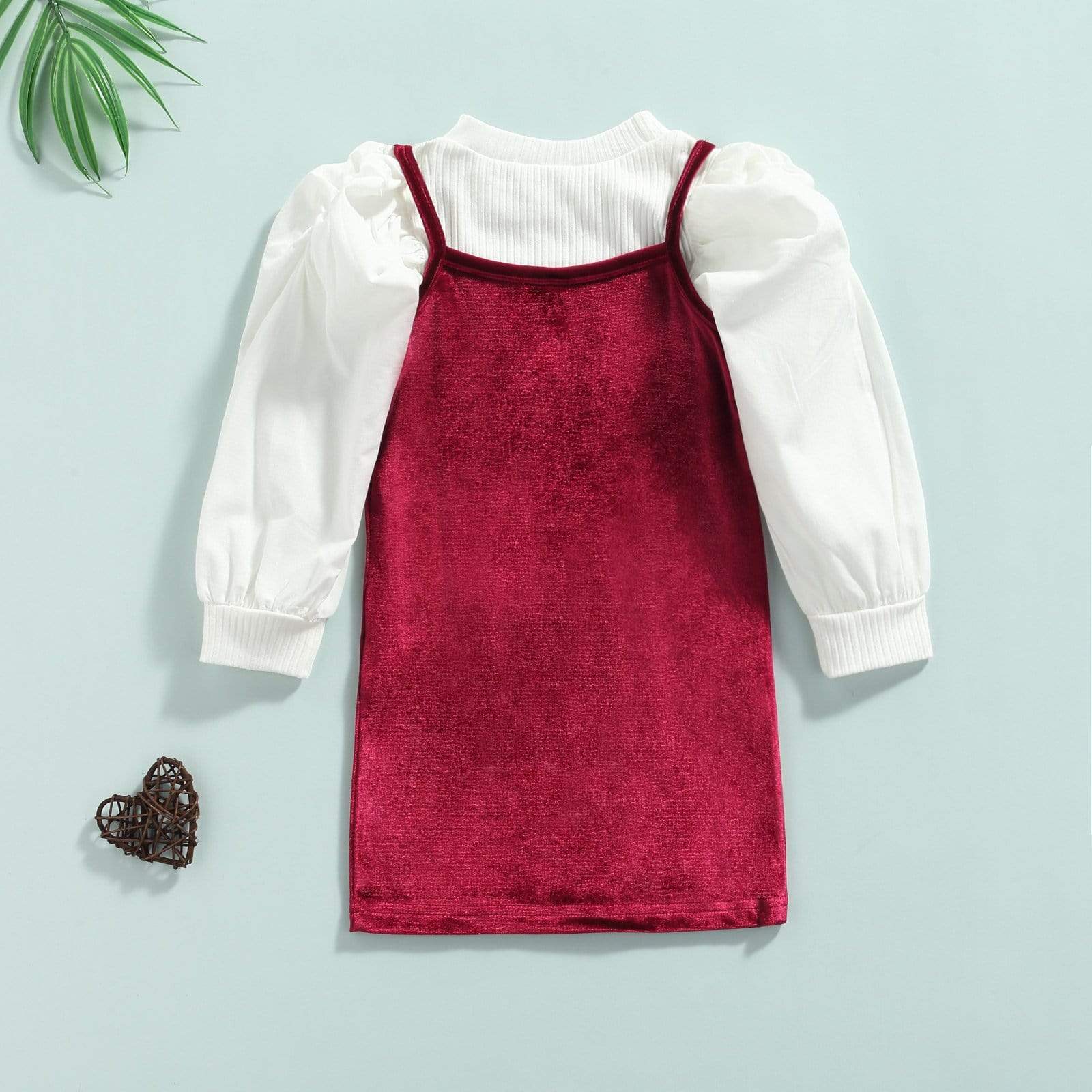 Girl's Clothing Red / 6T Long Puff Sleeve Knit T Shirts+Velvet Straight Suspender Dress