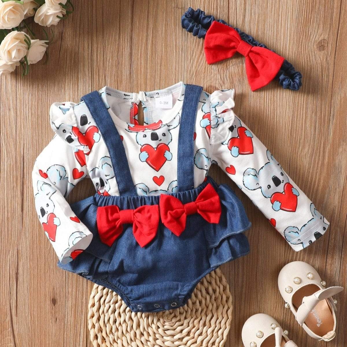 Long Sleeve Cartoon Heart Printed T Shirts Suspender Shorts